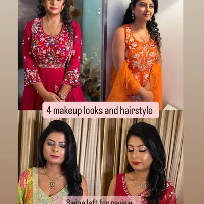 A collage showing four different makeup and hairstyle looks for one client for a cousin's wedding. Swipe to see her glowing review.