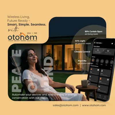 Find your peace of mind with our seamless mobile app. This graphic illustrates how you can manage everything from lighting and curtains to climate control and visitor alerts, all while you relax.