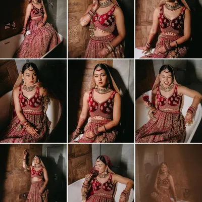 A creative collage of a bride in a stunning red lehenga, posing in and around a bathtub, showcasing her modern and confident style.