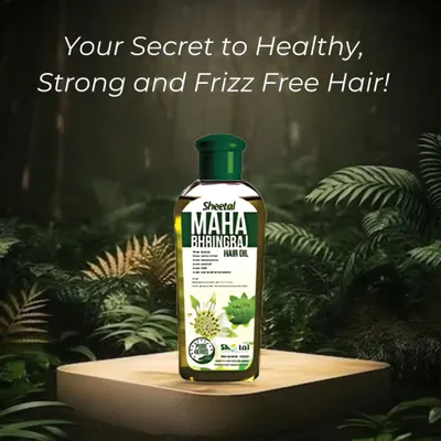 Discover the secret to healthy, strong, and frizz-free hair with our Sheetal Maha Bhringraj Hair Oil. This image showcases our natural formula, designed to revitalize your hair, promote growth, and give it a beautiful, natural shine.