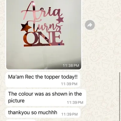 "The colour was as shown in the picture, thankyou so muchhh." It's so important to me that what you see is what you get. I'm thrilled this customer was happy with her rose gold "Aria Turns ONE" topper.