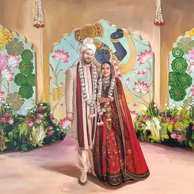 A beautiful wedding portrait set against a backdrop inspired by Lord Krishna and lotus flowers, painted live in Delhi. This piece showcases my ability to capture both the couple and the rich cultural theme of their event.