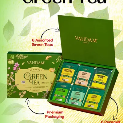 For the green tea lovers, I offer this premium Vahdam gift set. It includes six assorted green teas in pyramid tea bags, presented in an elegant box.