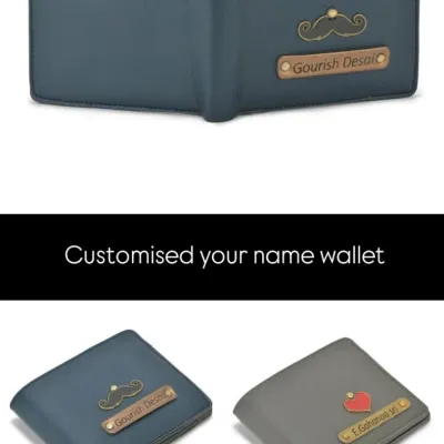 I offer a variety of wallet colors and charm options. Here you can see a blue wallet with a mustache charm and a grey wallet with a heart charm, both customized with a name.