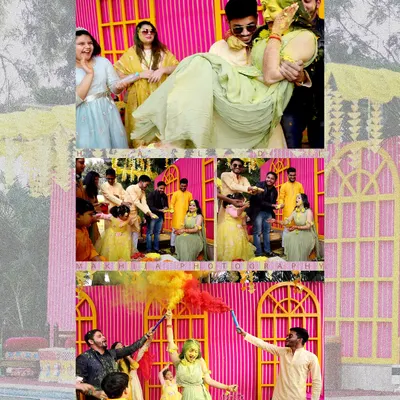 A Haldi ceremony is incomplete without some fun and mischief. This collage captures it all, from the groom lifting the bride to the explosion of colors with smoke bombs.
