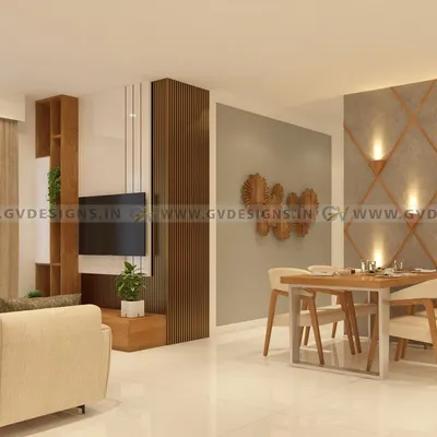 This living and dining area features a magnificent TV unit made of rafter wood with integrated display shelves. Adjacent to it, a chic dining set sits against a textured accent wall with unique wall sconces, creating a harmonious and contemporary space.