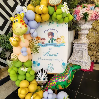 A jungle-themed welcome sign for a Mundan ceremony. I use a mix of green and yellow balloons, animal-shaped foil balloons, and a custom-printed welcome board for the event entrance.