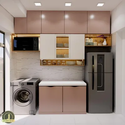 This is a 3D design of a parallel kitchen layout. It shows how we plan for appliance placement, like the washing machine and fridge, while maximizing cabinet and counter space.