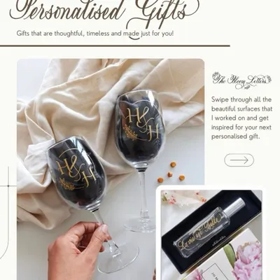An overview of the personalized gifts I create. From engraved wine glasses to perfume bottles, each gift is made to be thoughtful, timeless, and just for you.
