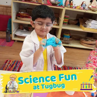 Welcome to the lab! A young scientist, fully geared up in his lab coat, gets ready to mix, pour, and discover. This is where we make learning an adventure.