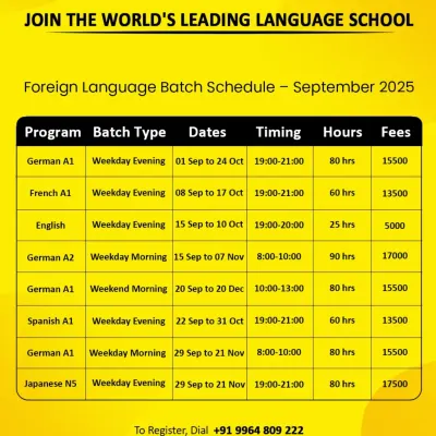 Plan your learning for this autumn with our September 2025 foreign language batch schedule. Find courses in German, French, English, Spanish, and Japanese with evening and weekend options.