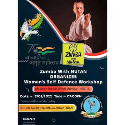 We often collaborate with other community wellness groups to spread the knowledge of self-defense. This poster announces our workshop organized with 'Zumba with Nutan' at Midcity Studios in Worli, combining fitness with personal safety.