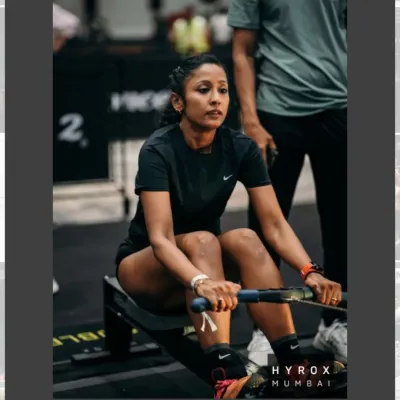 Locked in on the rowing machine during a Hyrox competition. This is a full-body effort that tests cardiovascular capacity and muscular endurance, a key station we train specifically for.