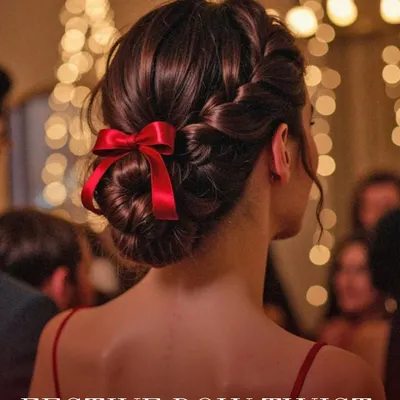 This festive bow twist is a sophisticated updo perfect for any celebration. The intricate twist is secured at the nape of the neck and adorned with a simple red ribbon, creating an elegant and polished party look.