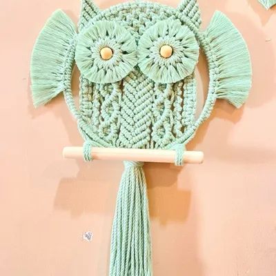 A wise and whimsical macrame owl in a lovely mint green color. The large, detailed eyes and wooden perch make this a charming character for any wall.