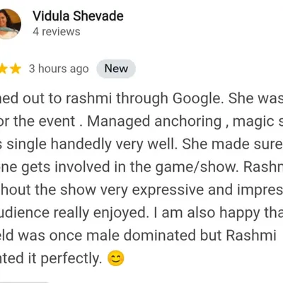 This Google review from a wonderful client, Vidula ji, truly made my day. Her words perfectly describe what I aim to do: single-handedly manage anchoring, magic, and games to ensure everyone is involved and has an impressive, expressive, and enjoyable time.