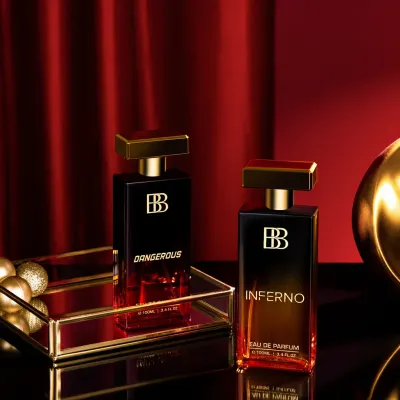 A Valentine's Day campaign shoot for a perfume brand, designed to evoke romance and sophistication. We used a controlled lighting setup with deep reds and golds to enhance reflections and create a feeling of elegance and intensity.
