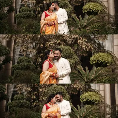 A collage of candid, romantic moments between the couple amidst lush greenery during their Haldi celebrations.
