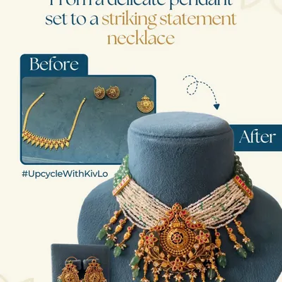 A delicate pendant set was the starting point for this striking statement necklace. We used the original pieces and added multiple strands of beads and new hangings to create a grand piece for a mother to wear at her daughter's wedding.