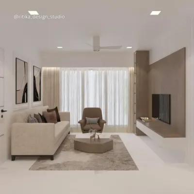 This living room concept embodies minimalist chic. A neutral color scheme of beige and brown, paired with a simple floating TV unit and abstract art, creates a calm and sophisticated atmosphere that feels both modern and timeless.