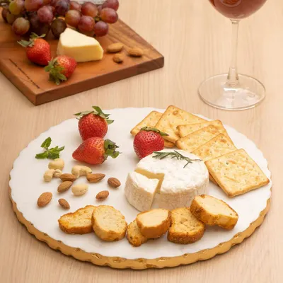 A styled shot of a cheese platter on an Ecstasy marble plate, paired with wine. This food styling demonstrates how to present serveware in an appealing, ready to use context for home goods brands.