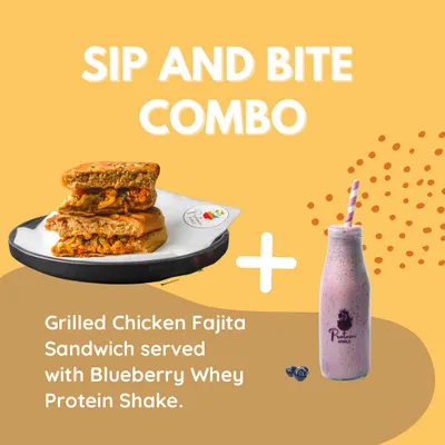 Try my Sip and Bite Combo, which pairs the delicious Grilled Chicken Fajita Sandwich with a refreshing Blueberry Whey Protein Shake for a complete, high protein meal.