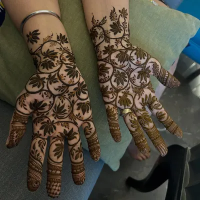 A beautiful and unique design featuring a full net of lotus flowers covering the palms. This is a modern take on the traditional jaal pattern.