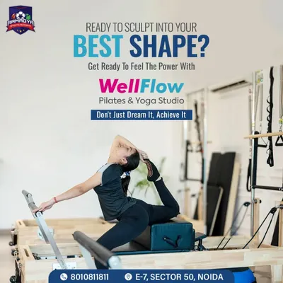 Ready to sculpt your best shape? This graphic highlights our collaboration with Ramagya Sports Academy, where you can achieve your fitness dreams with our powerful Pilates and Yoga classes.