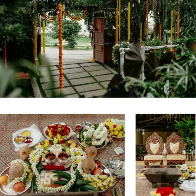 A collage showcasing the beautiful details of a traditional naming ceremony, from the vibrant marigold decor at the entrance to the sacred items for the pooja.