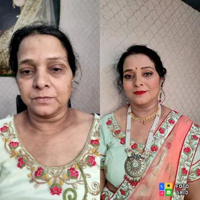This before-and-after shot shows the power of well-applied makeup on mature skin. I evened out her skin tone, brightened the under-eye area, and added definition with eyeliner and a bold red lip for a complete transformation.