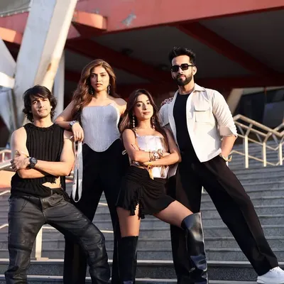 A powerful group pose from the 'Campus Beats' promotional shoot, showcasing the cast's chemistry against an urban backdrop.