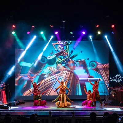 A wide view of the stage for 'Antariksha Sanchar', a dance opera about flight. This production combined live dancers, electronic music, and spectacular animated visuals to tell a story rooted in Indian imagination.