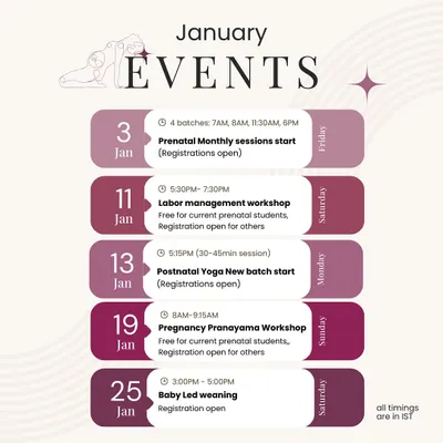 Here is a look at our January event calendar. We offer a mix of regular classes and special workshops like Labor Management and Baby Led Weaning to support you through pregnancy and beyond.