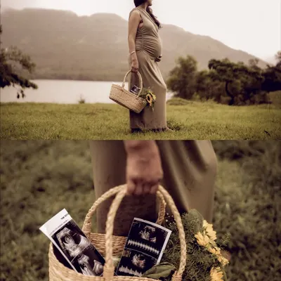 A collage that tells a story through details. It shows the mom-to-be looking out at the landscape, and a close-up of her basket holding sonogram pictures and sunflowers.