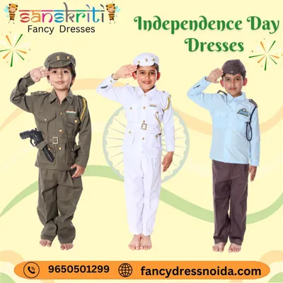 Our collection of armed forces uniforms for children. This image features a child in an Army uniform, a Navy officer uniform, and an Air Force uniform, perfect for school events celebrating our national heroes.