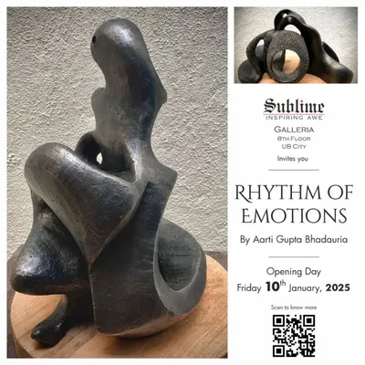 The invitation for 'Rhythm of Emotions' by Aarti Gupta Bhadauria, featuring her signature abstract terracotta sculpture.