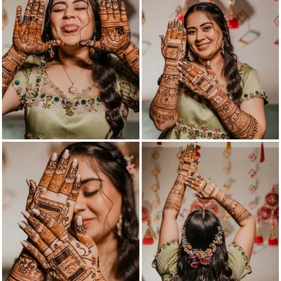 A collage of happy moments from a mehendi session. It's all about capturing the fun, the laughter, and the beauty of the intricate henna art as the bride gets ready for her big day.