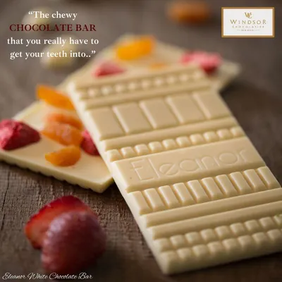 Our Eleanor White Chocolate Bar is a chewy, delightful treat. It is topped with colorful pieces of dried fruit that you can really get your teeth into, providing a wonderful texture and flavor contrast to the creamy white chocolate.