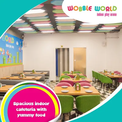 A view of our spacious and clean indoor cafeteria. With comfortable seating and a fun Super Mario themed wall, it's a great place for a meal or a snack.