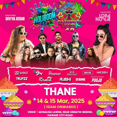 The official poster for Holiboom in Thane. We create unique branding for each city's event while maintaining a consistent overall festival identity, showcasing a diverse lineup of DJs and headliners.