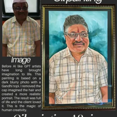 Before AI, we artists were already turning imagination into reality. I created this realistic oil portrait from a dark, blurry photo of a man in a Gandhi topi, reimagining his hair and bringing the image to life. The client loved it!