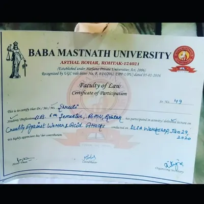 I actively participate in workshops and lectures to deepen my expertise in laws concerning violence against women. This certificate acknowledges my participation in a DLSA workshop on 'Cruelty Against Women & Acid Attacks'.