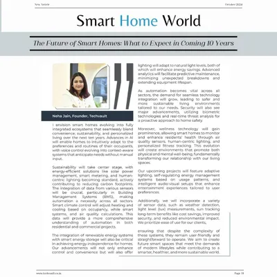 Our founder, Neha Jain, was featured in Smart Home World magazine sharing her vision on 'The Future of Smart Homes'. The article explores upcoming trends that will reshape our living spaces over the next decade.