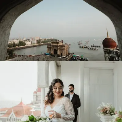 A diptych showcasing a couple's pre-wedding shoot at the Taj Mahal Palace hotel in Mumbai. One frame captures the iconic view of the Gateway of India, while the other shows an intimate moment inside, blending a grand location with a personal story.