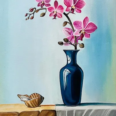 A finished still life painting featuring vibrant pink orchids in a reflective blue vase, set against a soft, blended background. This piece is a celebration of color and light.
