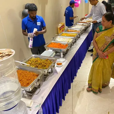 A full view of our extensive buffet line, featuring everything from starters and salads to main courses and desserts like Gajar ka Halwa.