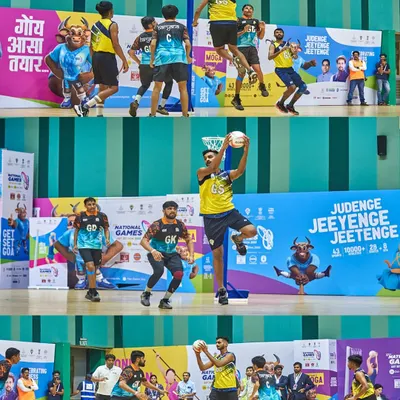 A collage showcasing the incredible 6'7" height and skill of netball player Aakash Gaikwad. These multi-shot images tell a story of an athlete's dominance on the court, from jumping for the ball to making a crucial shot.