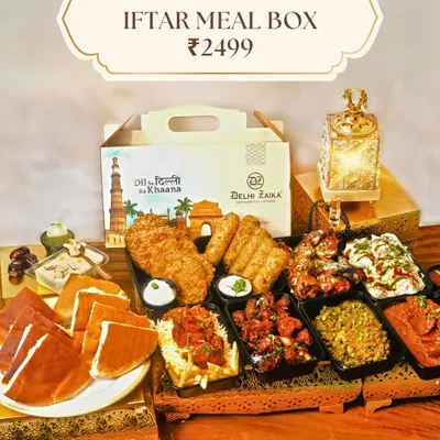 This is my Iftar Meal Box, a complete feast for 5-6 people priced at ₹2499. It's a 'Dil se Dilli ka Khaana' experience, packed with everything from Dahi Bhalla and Chicken Barra Cream to Mutton Keema, Chicken Sizzler Biryani, and desserts. It’s the perfect way to break your fast with family.