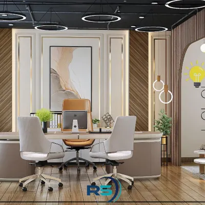 A 3D design for a luxurious and modern director's cabin. The space includes a large executive desk, comfortable seating for guests, and a feature wall with motivational words, creating an inspiring and authoritative environment.