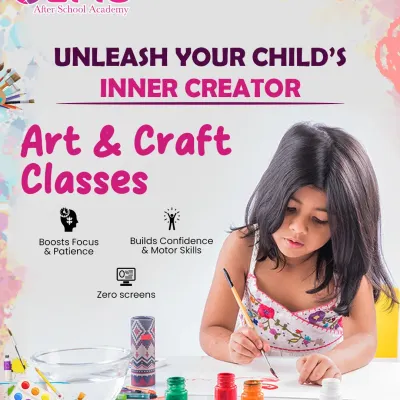 Let your child's inner creator shine in our Art & Craft classes. This poster highlights our core benefits: boosting focus, building motor skills, and providing a zero-screen environment for pure, imaginative fun.